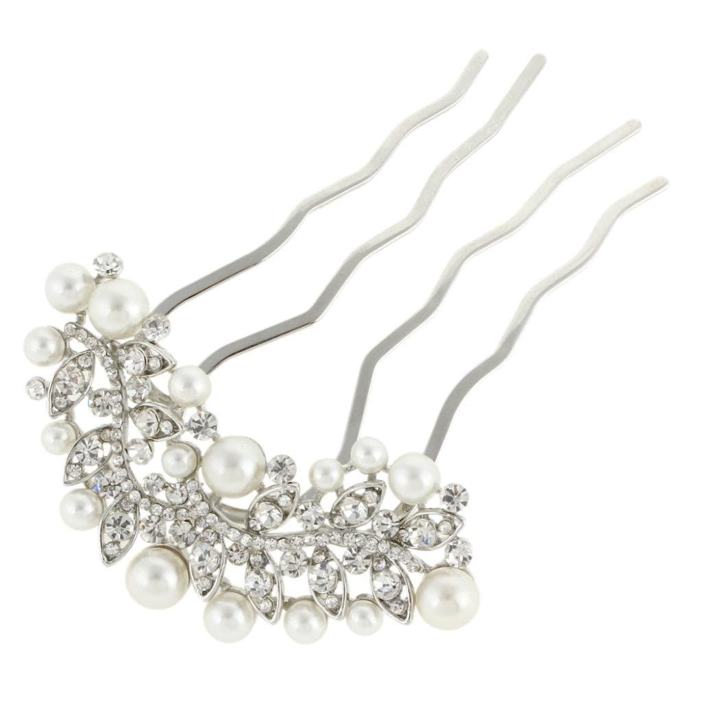 EVER FAITH Bridal Floral Leaf Ivory Color Simulated Pearl Hair Comb Clear Austrian Crystal