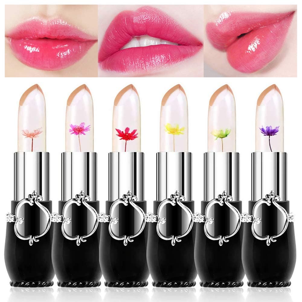 Eakroo Flower Lip Gloss Crystal Jelly Lipstick, 6 Packs Long Lasting Nutritious Lip Balm Lips Moisturizer Magic Temperature Color Change Lipgloss (black)