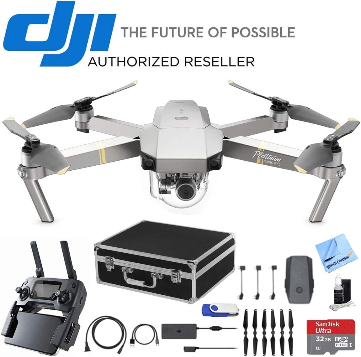 DJI Mavic Pro Platinum Quadcopter Drone with 4K Camera and Wi-Fi with 2nd Battery, Custom Fit Hard Case, 16GB Flash Drive, 32GB Memory Card, and Cleaning Kit