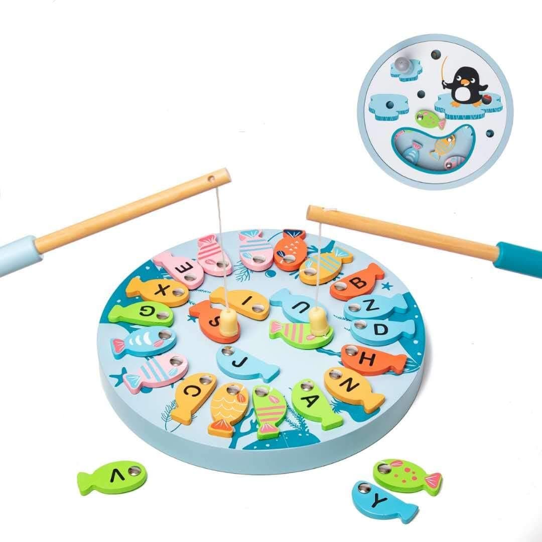 umu Magnetic Fishing Game Wooden Toy for Kids, 26 PCS Alphabet Letters Magnetic Fishing Toy for Catching & Counting - Preschool Floor and Board Games for 3, 4, 5 Year Old Boys Girls Kids and Toddlers