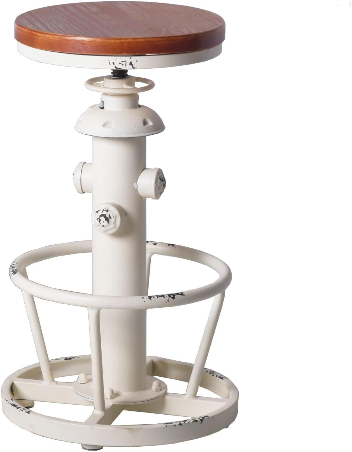 Topower American Antique Industrial Round Bottom Adjustable Height Cafe Coffee Retro Vintage Stylish Water Pipe Design Pub Kitchen Bar Stool (Antique White, Wooden Top)