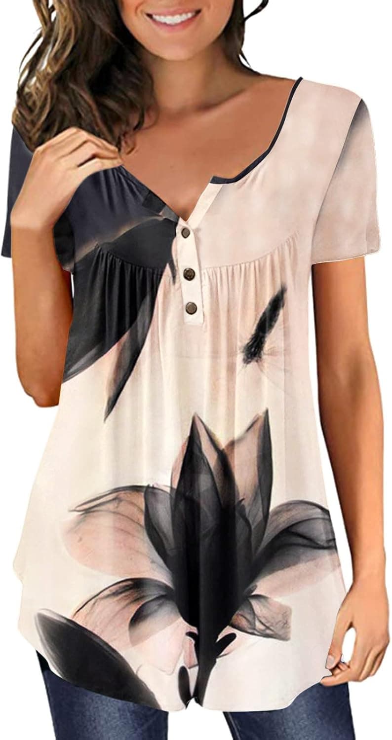 Womens Tops Hide Belly Tunic 2022 Summer Short Sleeve T Shirts Cute Flowy Henley Tshirt Casual Dressy Blouses for Leggings