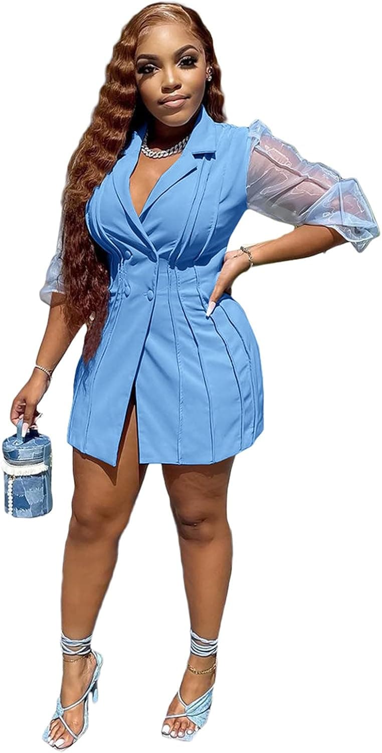 OLUOLIN Women Casual Long Suits Jackets Mini Dress - Mesh Puff Sleeve Turn Down Collar Double Breasted OL Work Blazer Dresses