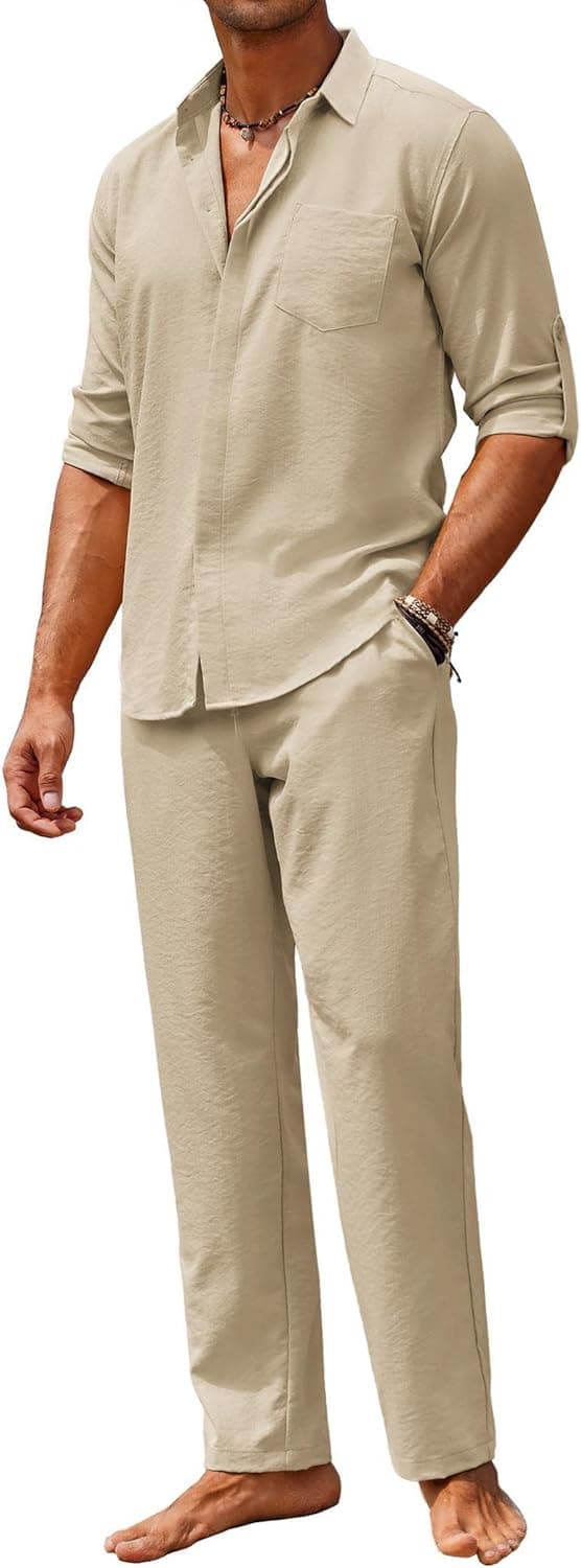 COOFANDY Men's 2 Piece Linen Sets Casual Button Down Shirts Pants Casual Beach Summer Yoga Outfits