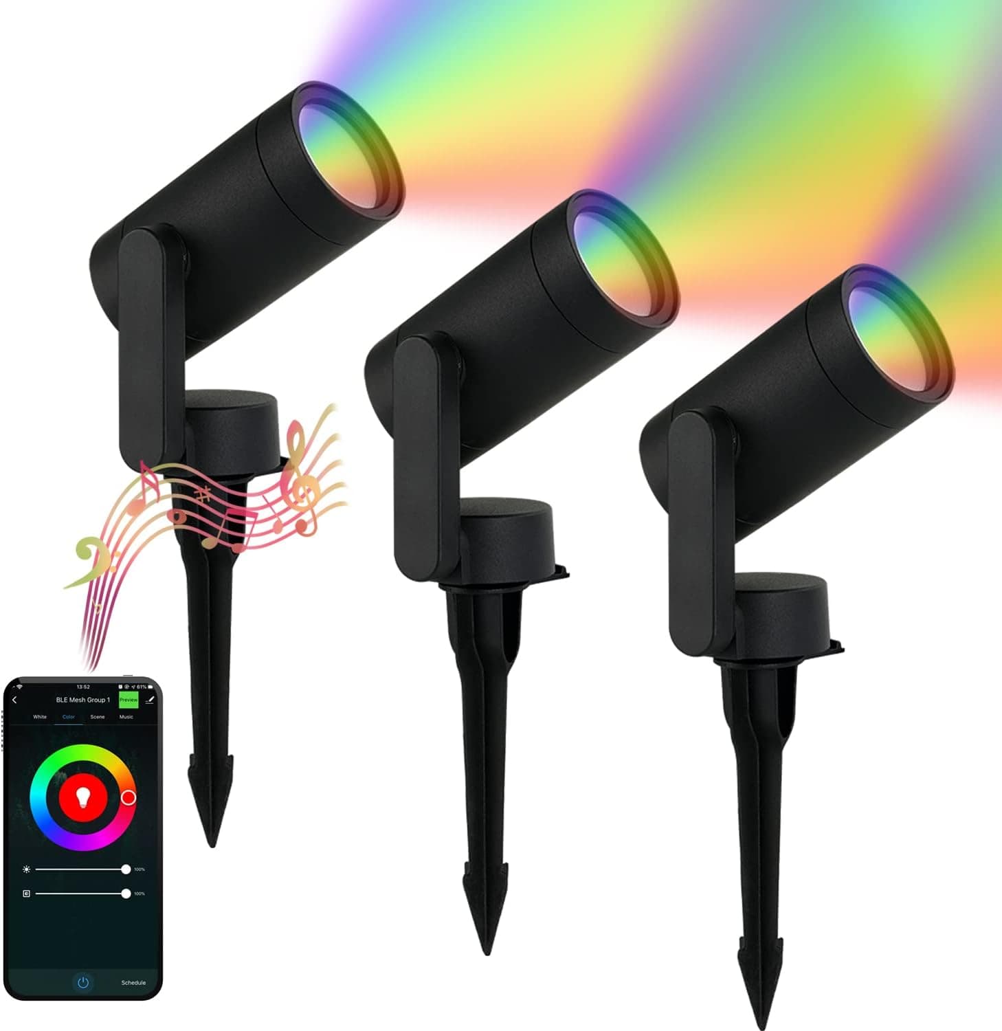 MULANDI Smart Landscape Lighting, 3 Pack RGBW Color Changing LED with App Control Waterproof Spotlight, Outdoor Yard Spot Lights with 36W Transformer & Timer, LED Lawn Light with Music Sync