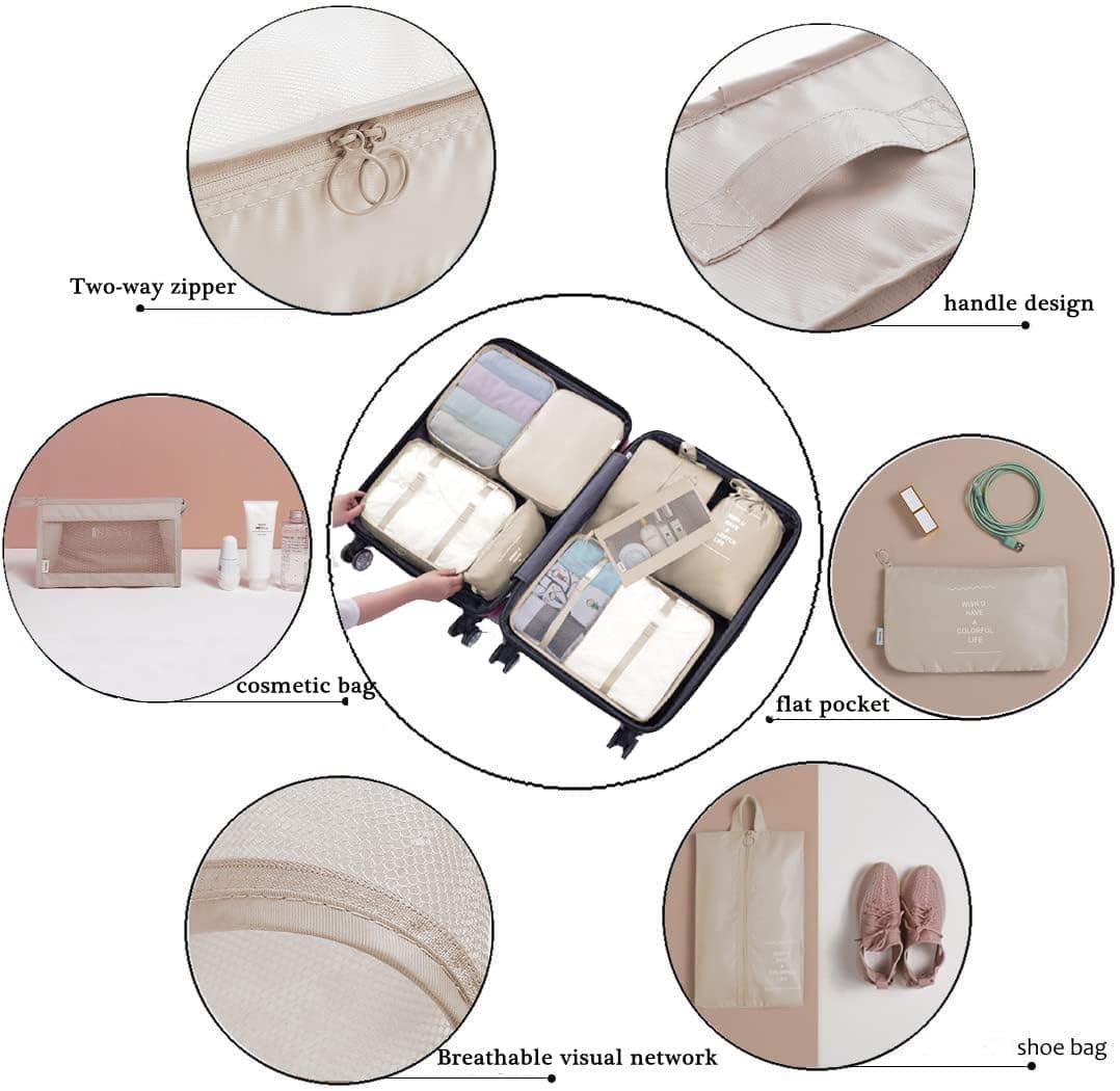 Packing Cubes Travel Organizers Luggage Compression Pouches-8 Sets Travel Accessories(Beige)