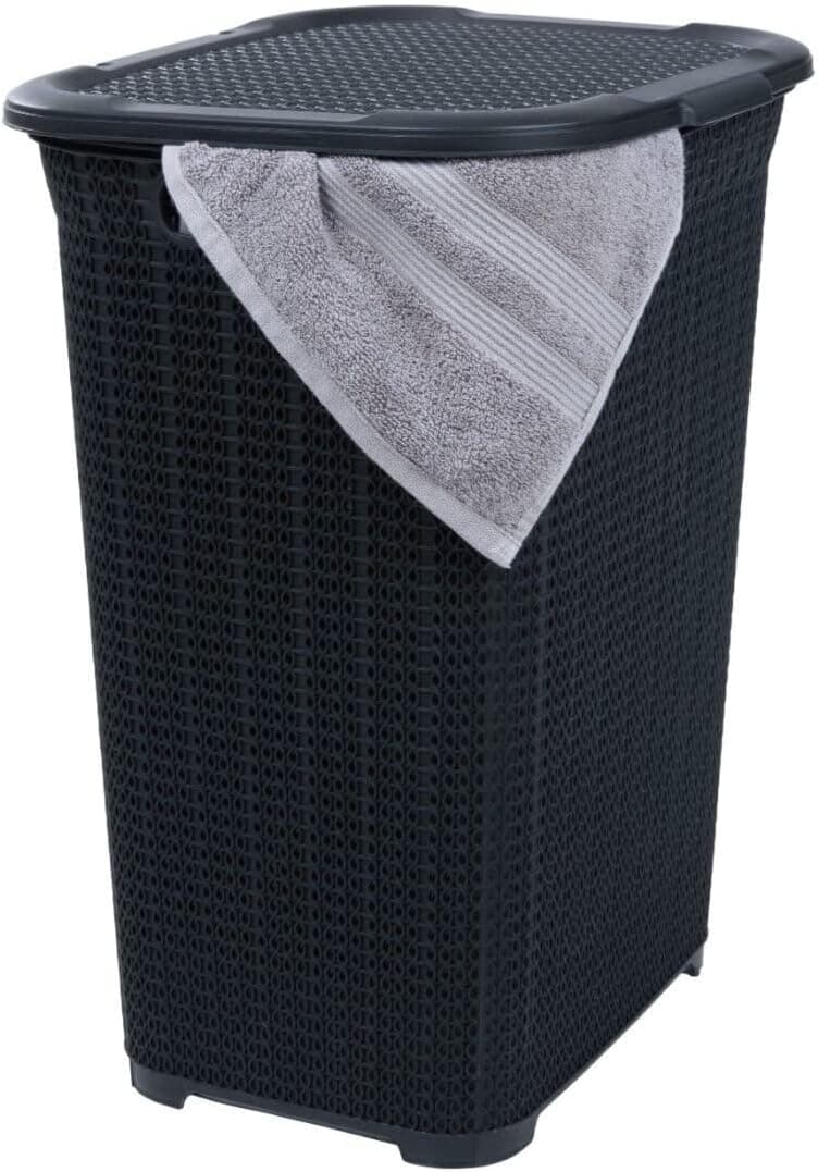 Plastic Laundry Hamper with Lid, Knit Designed Laundry Hamper Basket, 50 Liter White Smoke Cloths Hamper Organizer with Cut-out Handles. Space Saving for Laundry Room Bedroom Bathroom.
