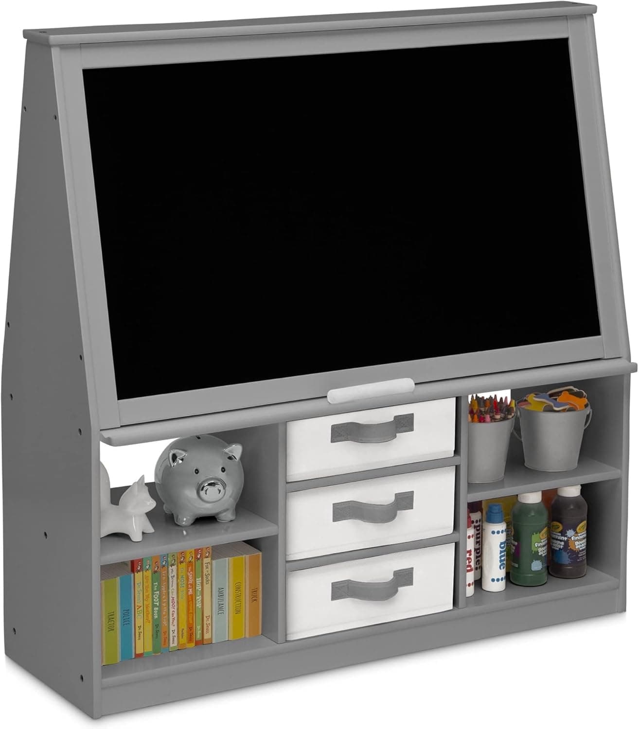 Delta Children at-Home Artist Center - Deluxe Double-Sided Easel and Storage Unit, Blackboard Chalkboard & Whiteboard, Greenguard Gold Certified, Grey