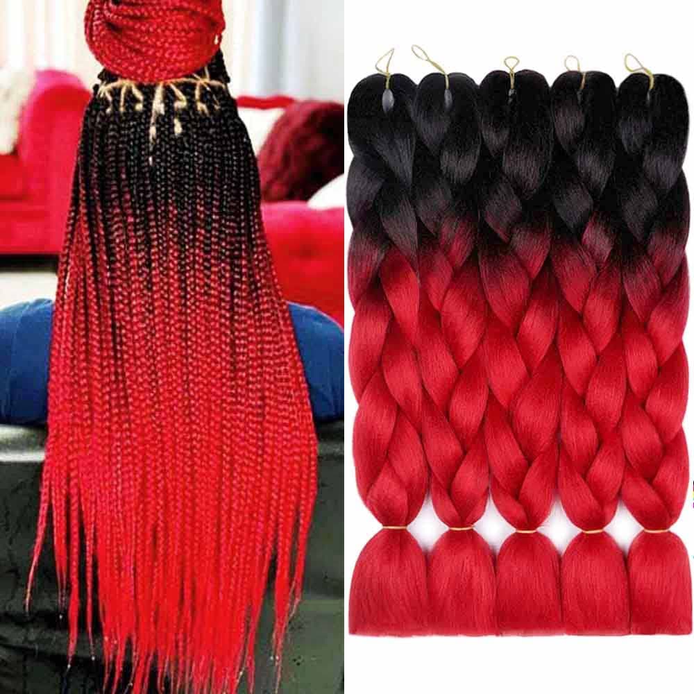 AIDUSA Ombre Braiding Hair 5pcs Synthetic Afro Jumbo Braiding Hair Extensions 24 Inch 2 Tone for Women Hair Twist Crochet Braids 100g(#01 Black to Red)