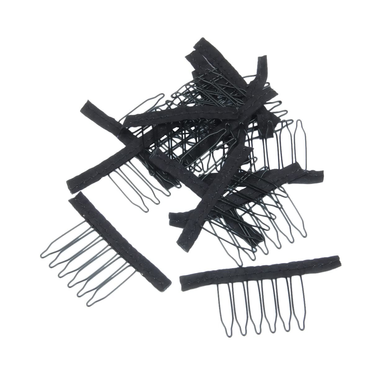 ZLCHE 24 Pack Wig Combs for Making Wig Caps 6-teeth Wig Clips Steel Teeth with Cloth for Hairpieces Accessory Tools (Black)