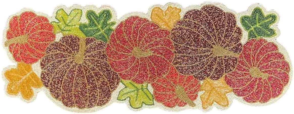 Beaded Fall Table Runner Pumpkin Design - Scratch Heat Stain Resistant Kitchen Home Decor for Autumn Harvest Dining Table Gatherings Thanksgiving Party Decorations - Purple Maroon, 13x36 Inches