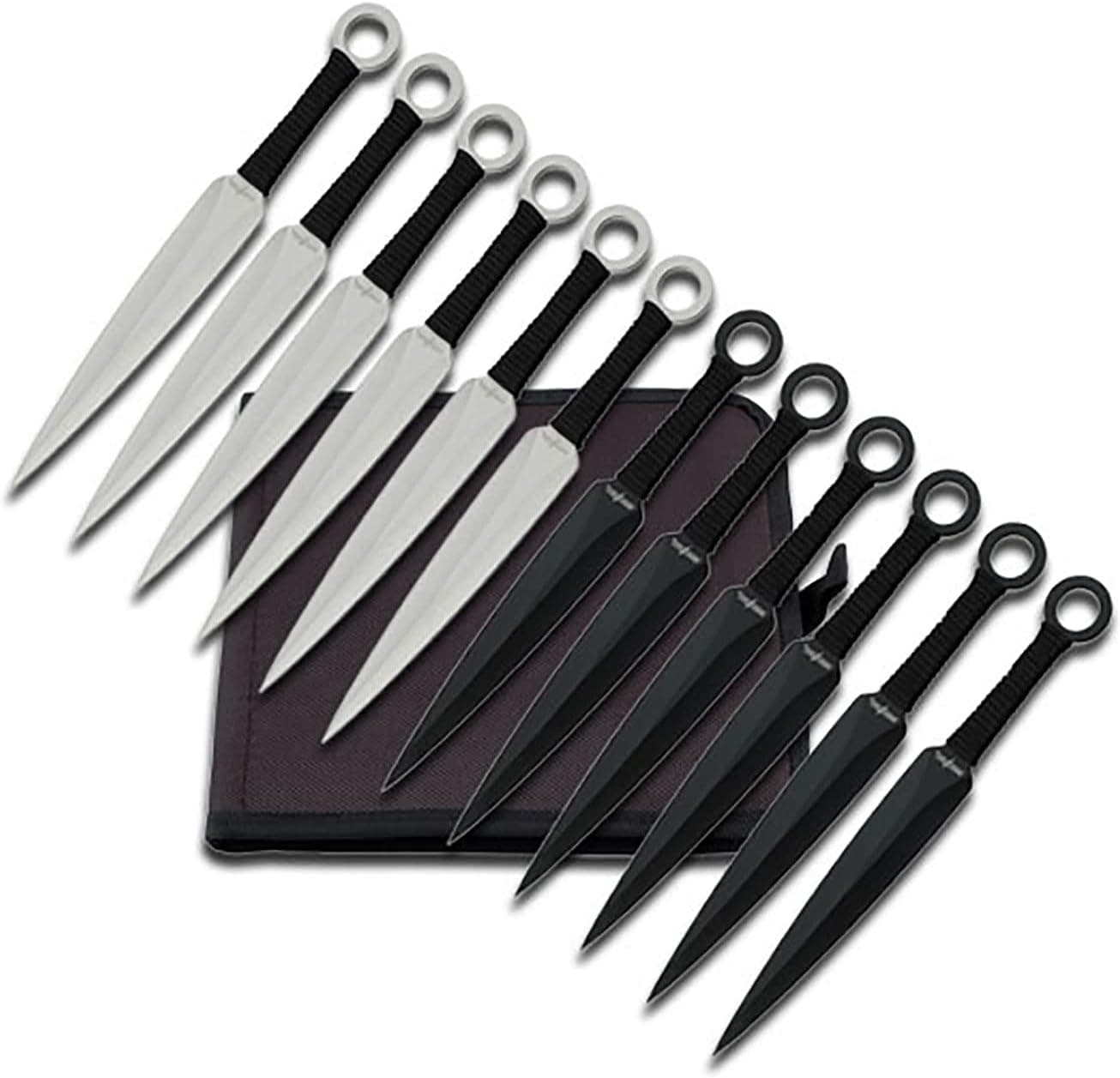 Perfect Point RC-086-12 Throwing Knife Set with 12 Knives, Silver and Black Blades, Cord-Wrapped Handles, 8-1/2-Inch Overall