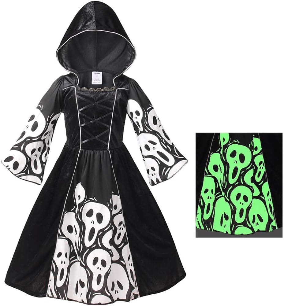 yolsun Skeleton Ghost Witch Costume for Girls, Glow in The Dark, Halloween Fearsome Costume