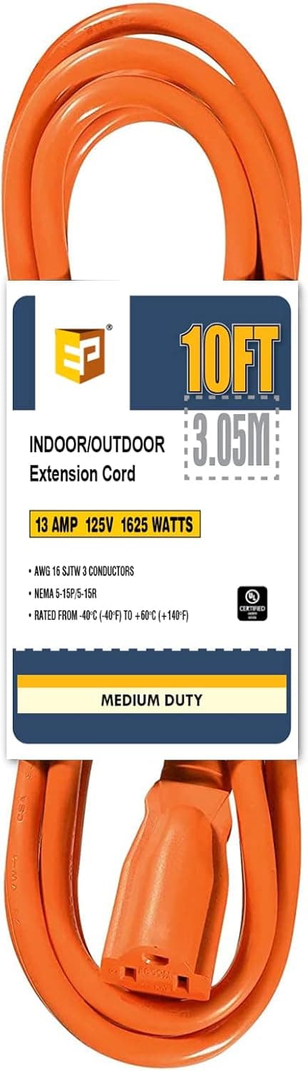 EP 10 Ft Extension Cord - 16/3 SJTW Heavy Duty Weatherproof Power Cable with 3 Prong Grounded Plug for for Indoor Outdoor Use,Orange