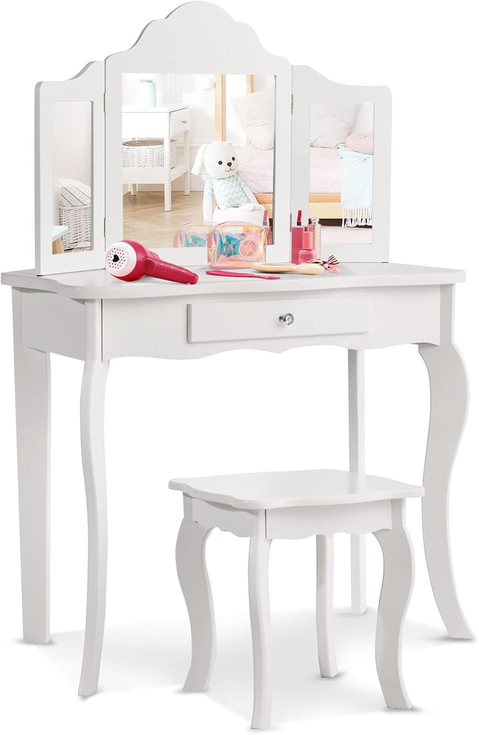 HONEY JOY Kids Vanity Set with Mirror, 2-in-1 Wooden Toddler Vanity Table with Stool, Tri-Folding Mirror & Drawer, Removable Top, Princess Pretend Play Beauty Makeup Vanity for Little Girls (White)