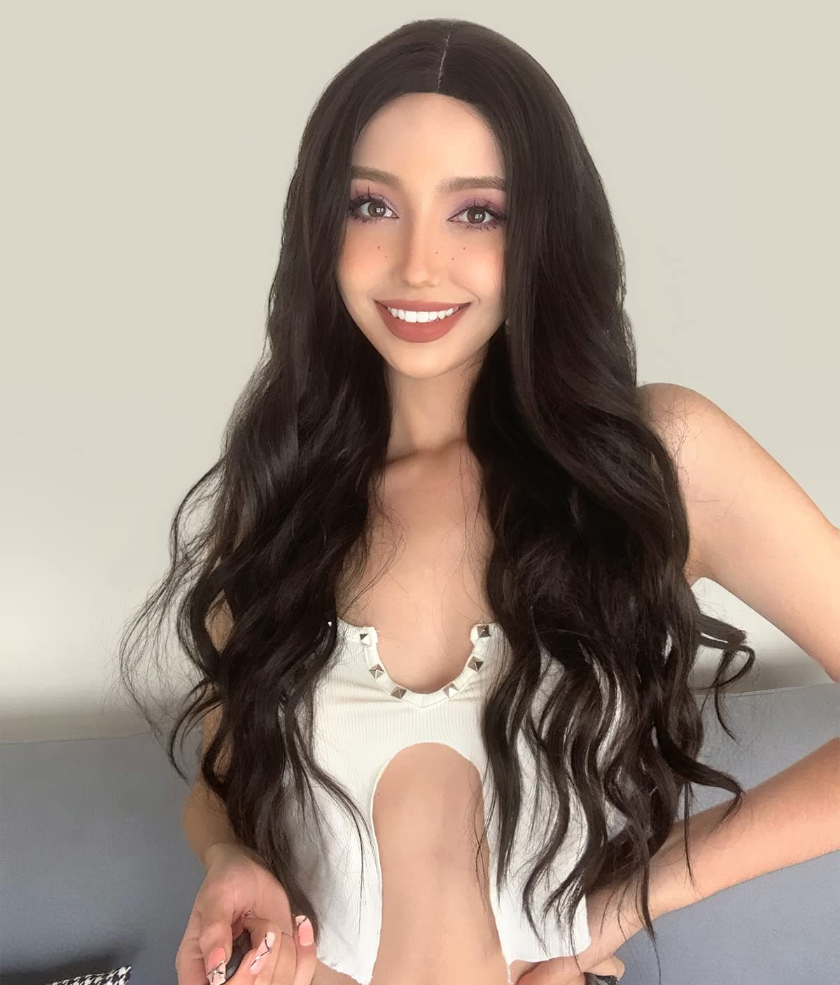 AISI BEAUTY Long Brown Wig for Women Middle Part Dark Brown Wavy Wig Synthetic Natural Looking Full Wigs for Daily Use 26 Inch