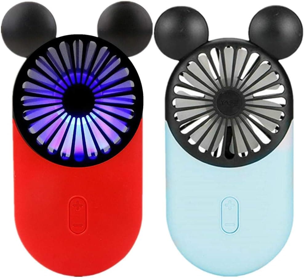 Kbinter Cute Personal Mini Fan, Handheld & Portable USB Rechargeable Fan with Beautiful LED Light, 3 Adjustable Speeds, Portable Holder, for Indoor Outdoor Activities, Cute Mouse 2 Pack (Red+Blue)