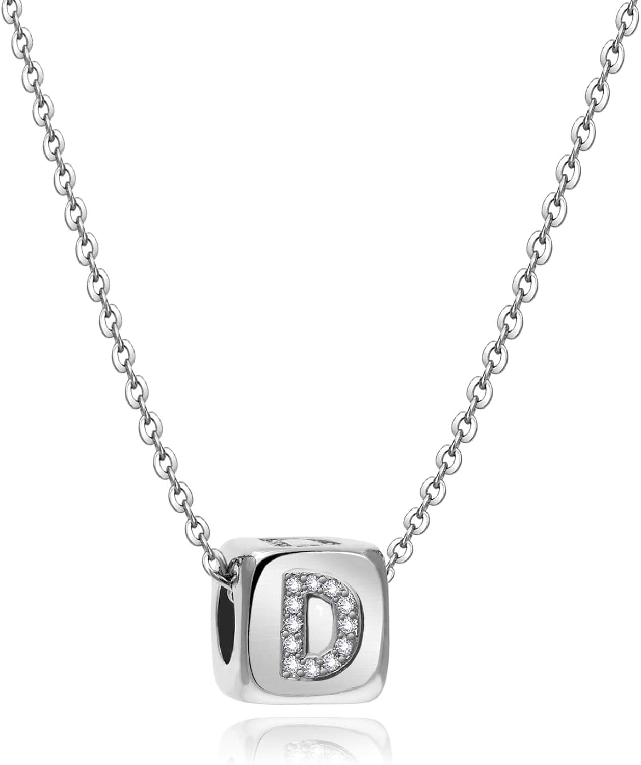 MiniJewelry A to Z Silver Initial Letter Name Pendant Necklaces Sister Daughter Auntie Girls Granddaughter Family BFF Friehdship Cube Dice Alphabet Crystal Clear CZ