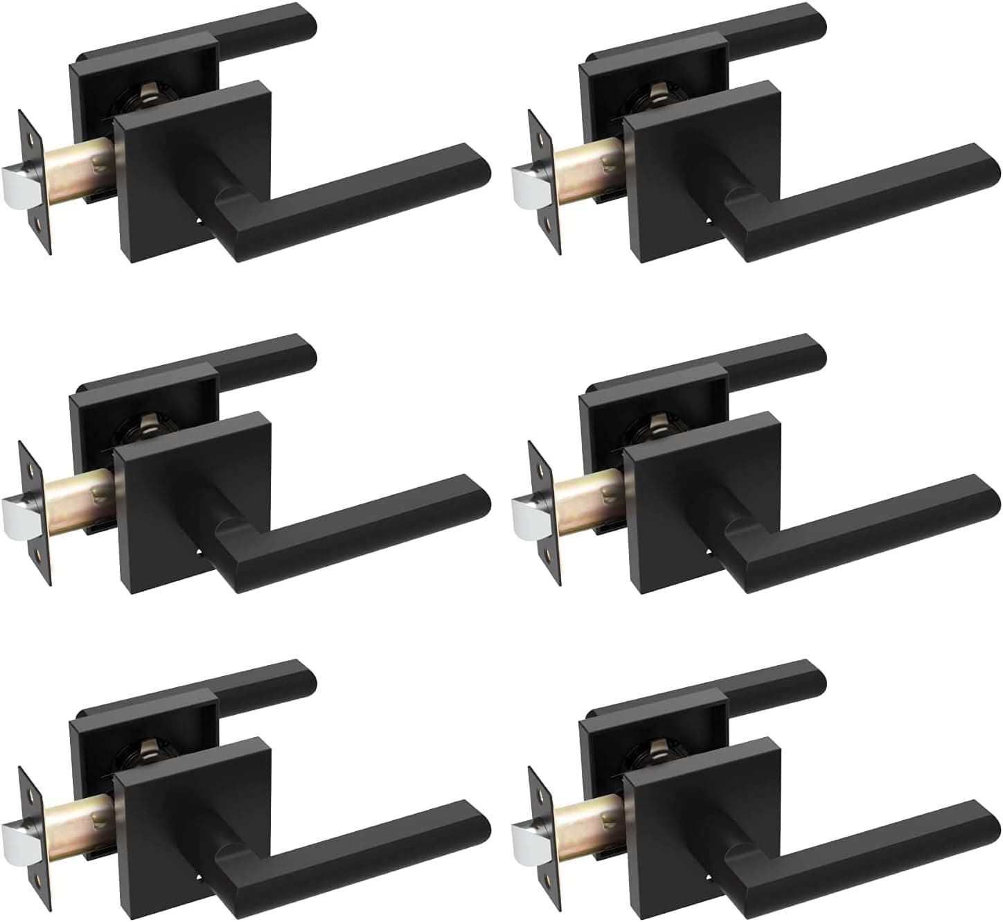 Ohuhu Door Handle Black Lever Lock 6 Pack Matte Interior Square Modern Knob - Heavy Duty Privacy Passage Closet Locking Set Contemporary Reversible Keyless Locksets for Bedroom Bathroom Satin Zinc