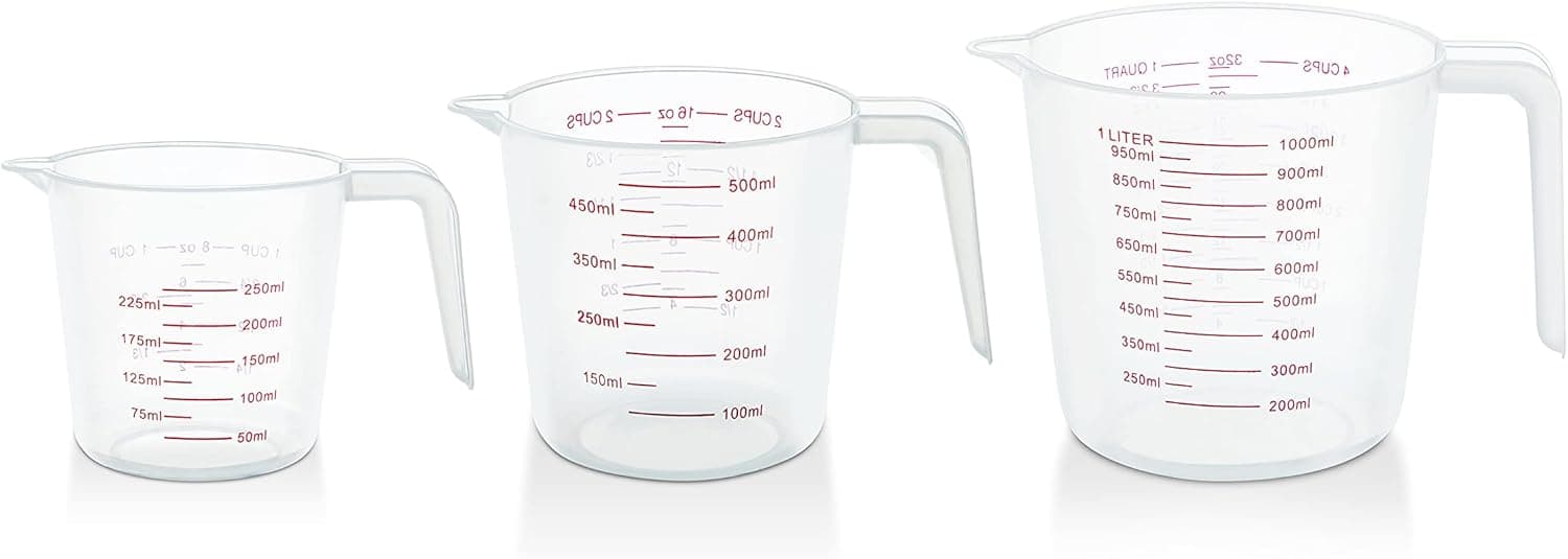 3-Piece Measuring Cups Set - Plastic Measuring Cups for Liquids - Spout, Handle Grip, Ml and Oz Measurement, BPA-free - 1 Cup, 2 Cup and 4 Cup - 250ml, 500ml, 1000ml