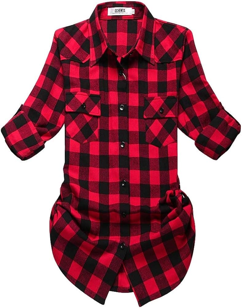 OCHENTA Women's Mid Long Style Roll Up Sleeve Plaid Flannel Shirt C056 Red Black Label 2XL - US 6-8