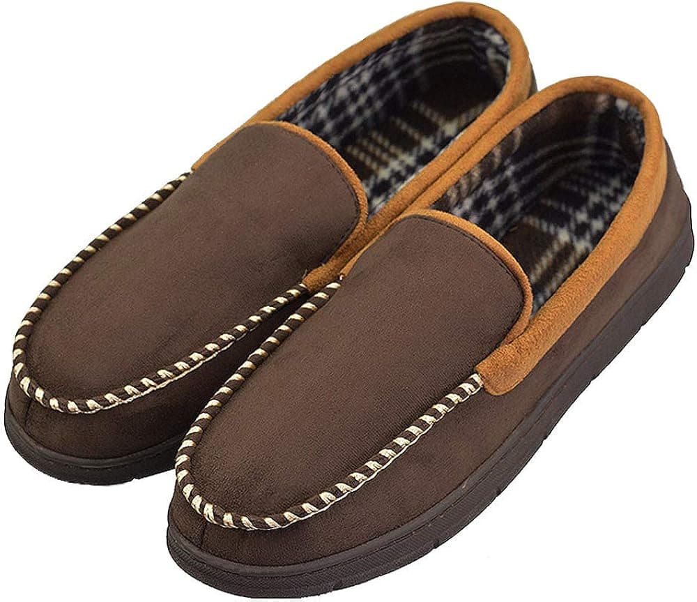VLLY Mens House Slippers Moccasin Slipper House Shoe with Indoor Outdoor Memory Foam Size for 13 Brown