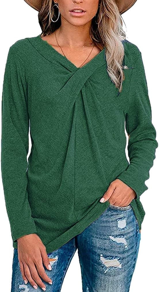 Miselon Womens V Neck Long Sleeve Cross Knot Casual Solid Tunic Tops Blouses