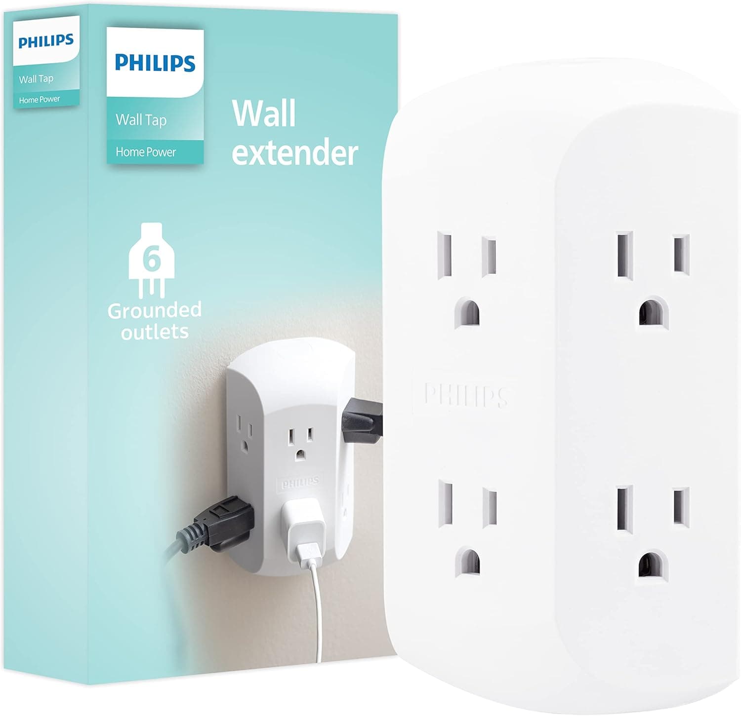 Philips Accessories 6-Outlet Extender, Grounded Wall Tap, 3-Prong, Adapter Spaced Outlets, Side Access, Quick and Easy Install, White, SPS1740WA/37