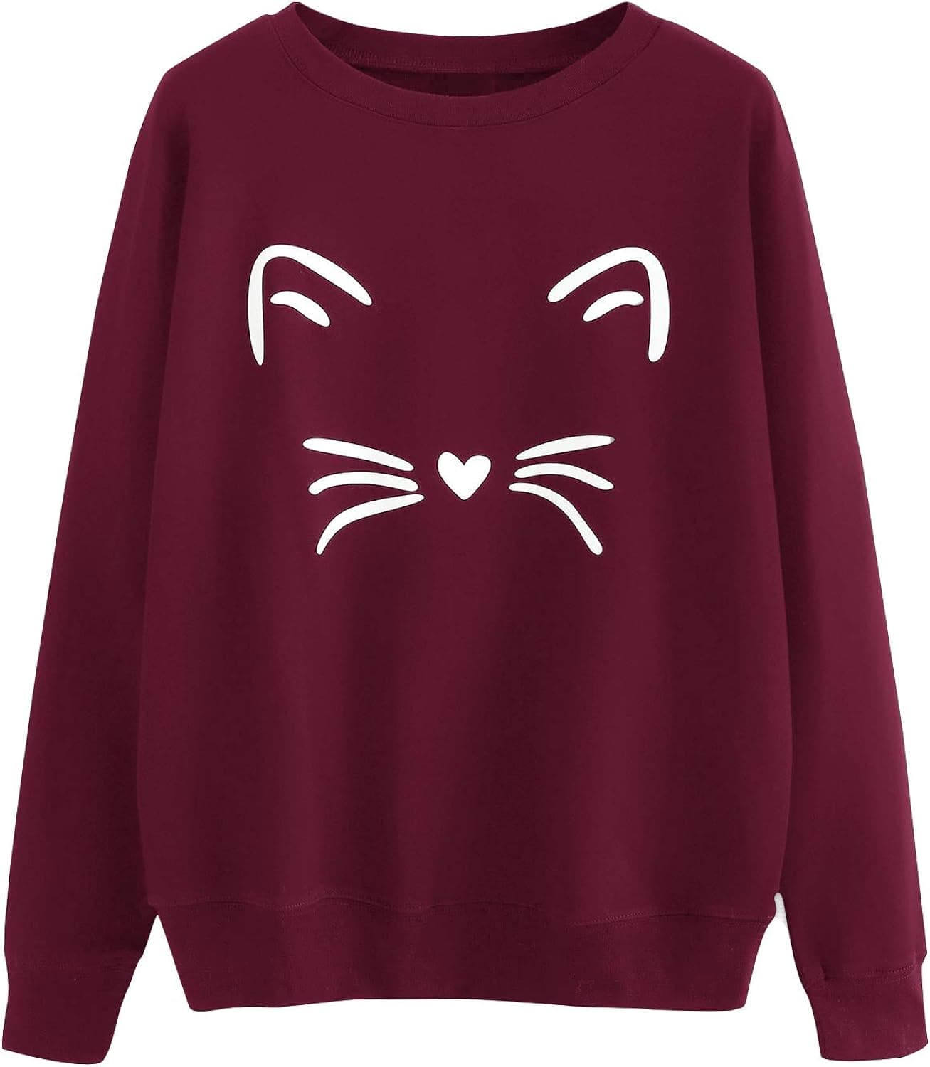 MakeMeChic Women's Cute Graphic Cat Print Casual Long Sleeve Pullover Sweatshirt Tops Burgundy XL