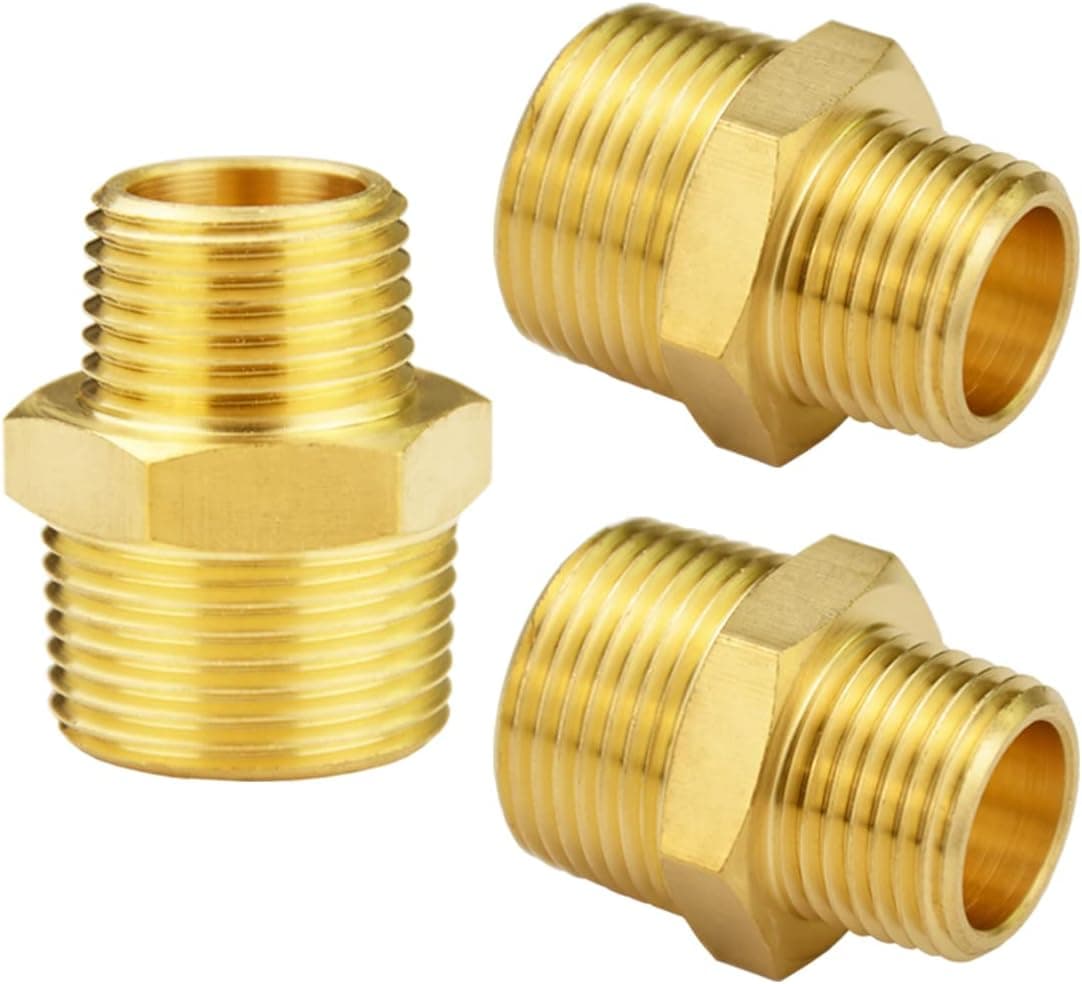 (3-Pack) Besosay Brass Pipe Fitting, 3/4 Inch NPT Male x 1/2 Inch NPT Male Reducing Hex Nipple, Reducer Adapter