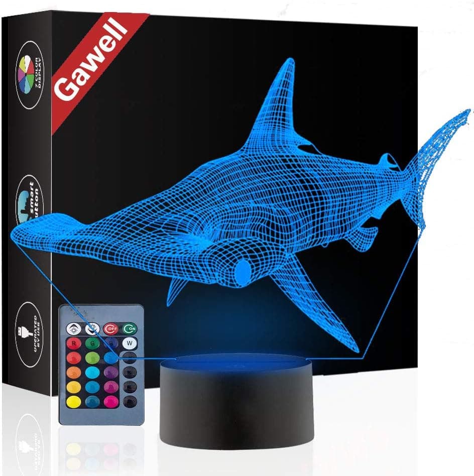 Gawell Hammerhead Shark 3D Illusion Birthday Gift Lamp, 16 Colors Changing Touch Switch Xmas Decoration Night Light & Remote Control Toy for Children