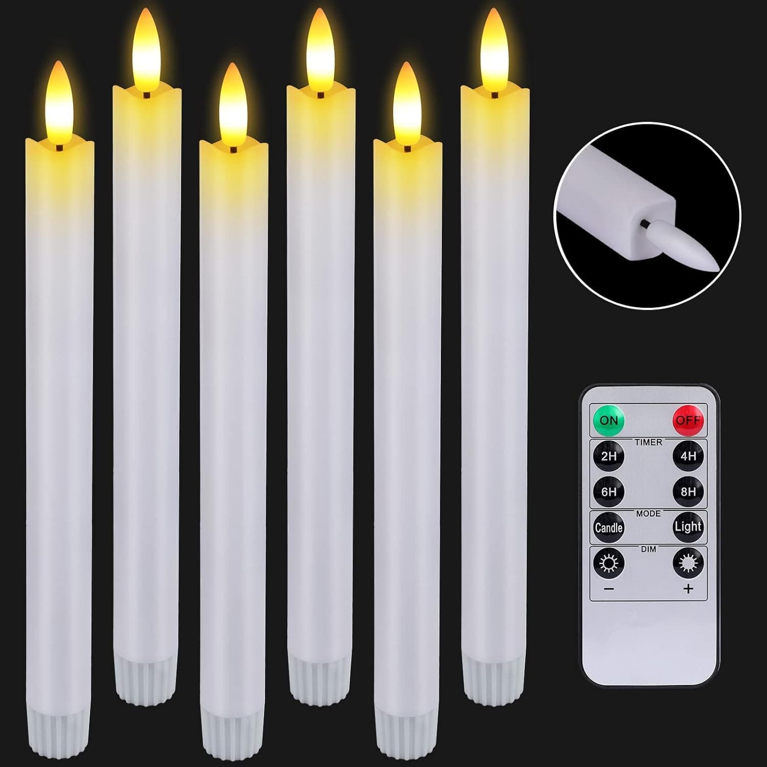 HINZER Flameless Taper Candles With Remote & Timer Battery Operated Candles 6 Pcs Real Wax LED Warm 3D Wick Flickering Flameless Candles For Christmas Decorations Wedding Decor(White,0.78 X 9.64 Inch)