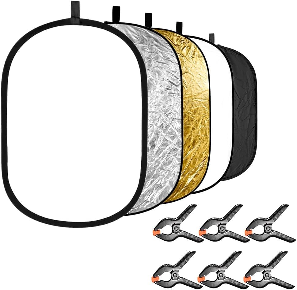 Neewer 5-in-1 Photography Light Reflector with 6-Pack Clamps Kit: Portable Oval 47x71 inches/120x180 centimeters Collapsible Reflector Disk(Translucent Silver Gold White Black) for Photo Studio