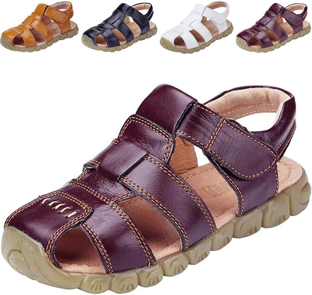 DADAWEN Boy's Girl's Leather Closed Toe Outdoor Sport Sandals (Toddler/Little Kid/Big Kid) Brown US Size 12 M Little Kid
