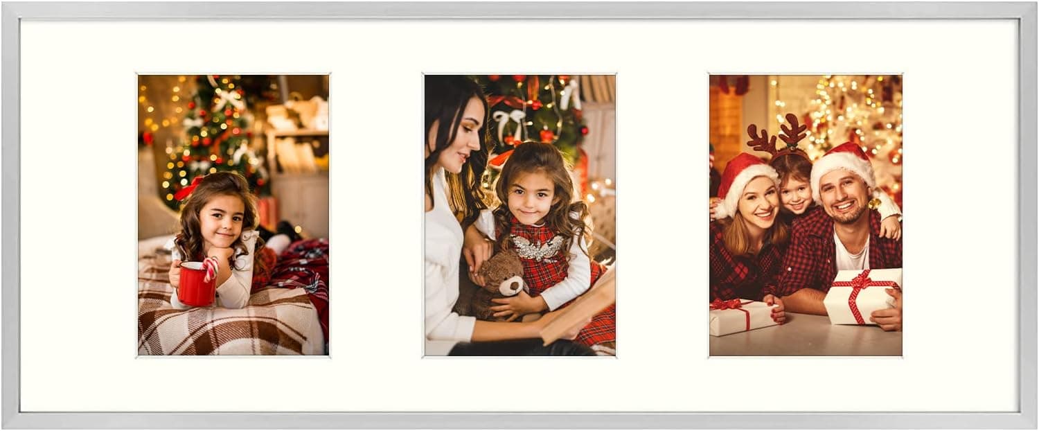 Golden State Art 8x20 Silver Aluminum Metal Frame - Ivory Mat Included - Fits Three 4x6 Photos/Pictures - Sawtooth Hanger - Swivel Tabs - Wall Mounting - Landscape/Portrait - Real Glass