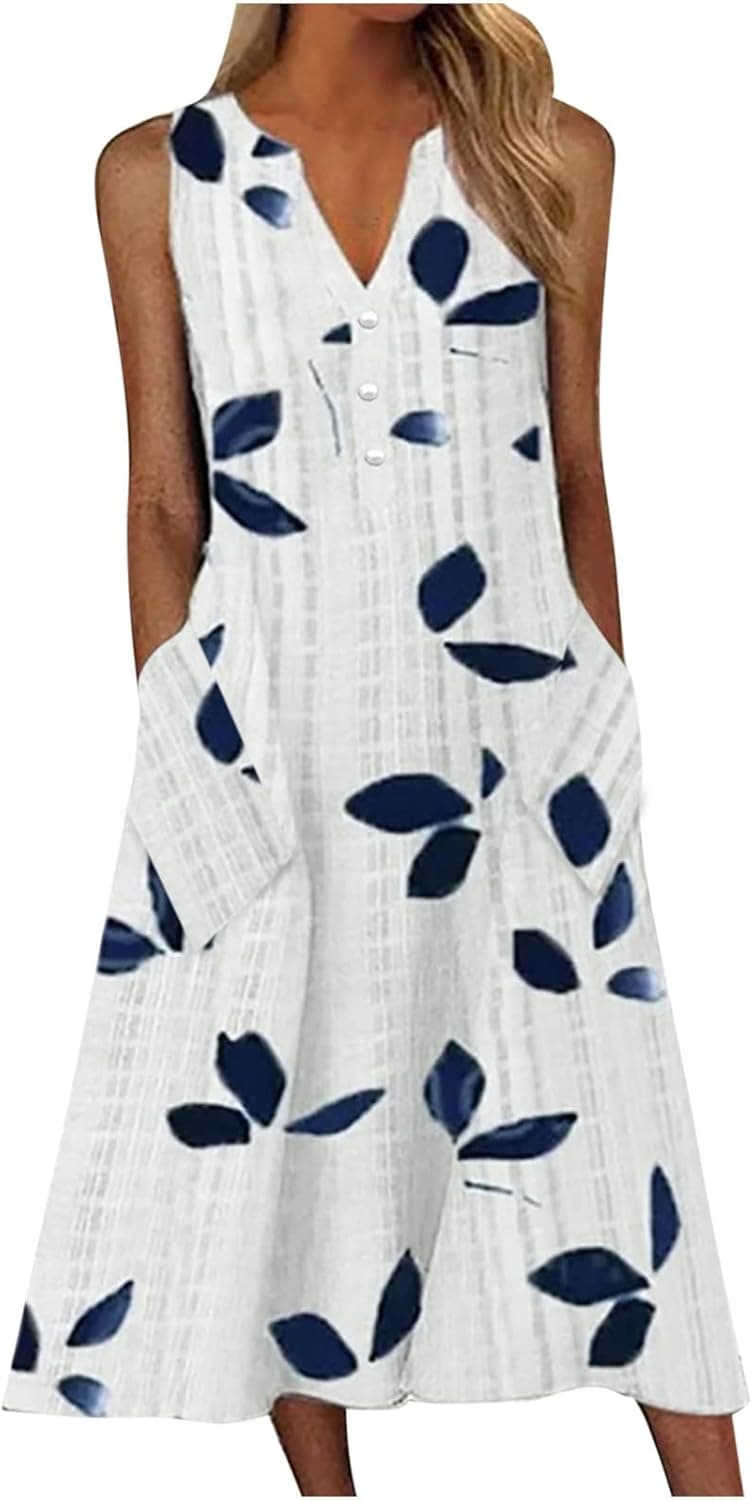 Women's Summer Casual Midi Dresses Button V-Neck Sleeveless Tank Dress with Pocket, Leaf Stripe Printed Short Dress