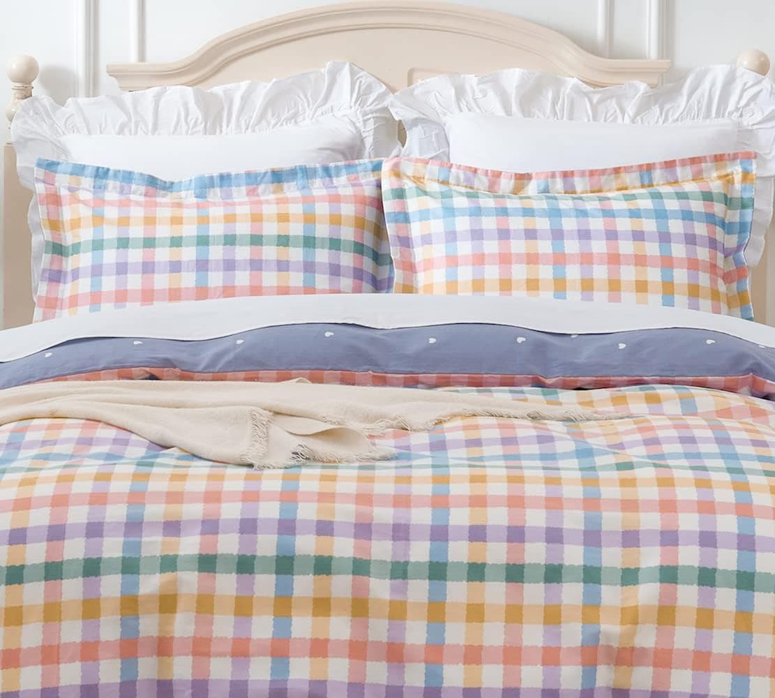 DAUAOTO Queen Size 90X90 Inches Duvet Cover Set, Rainbow Geometric Checkered Pattern Cotton Teens Girls Kids Bedding, Colorful Checkerd