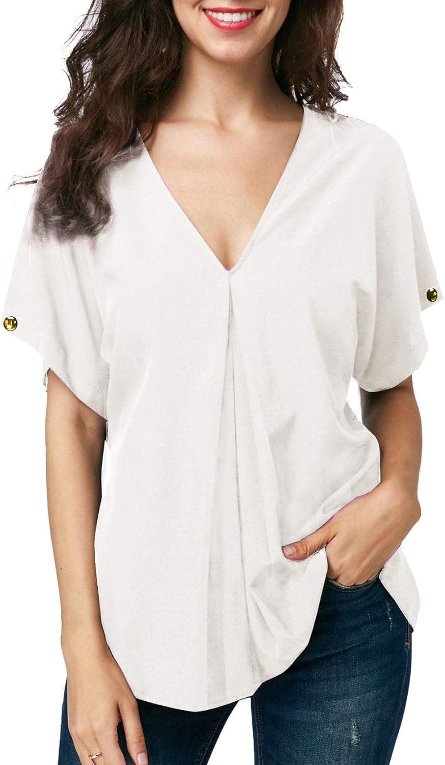 Waffle Knit Tunic Womens Short Sleeve V Neck Button Down Henley Tops Tie Knot Front Loose Fitting Bat Wing Plain Shirts