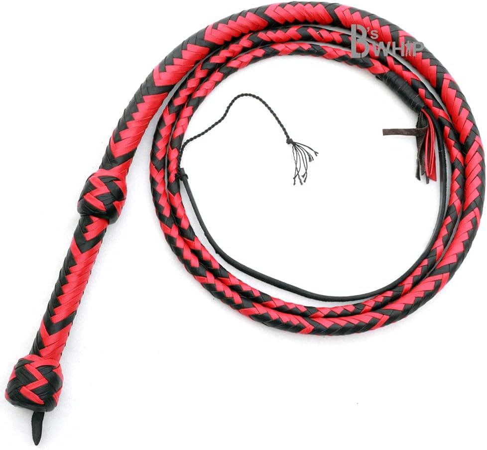 Indiana Jones Style 6 Foot & 8 Foot 16 Plait Leather Bullwhip Real Cowhide Leather Bull Whip Red & Black