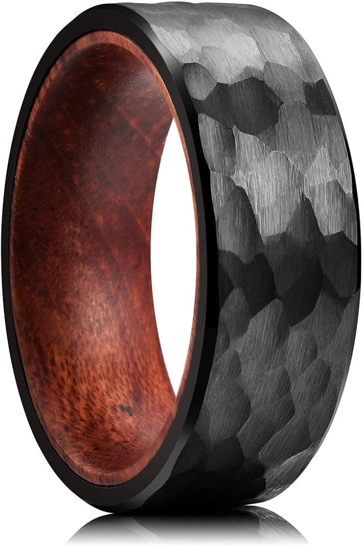 King Will 8mm Black/Rose Gold/Silver/Gold Tungsten Carbide Ring Inner Hole Inlaid Wood Hammered Texture Flat Style