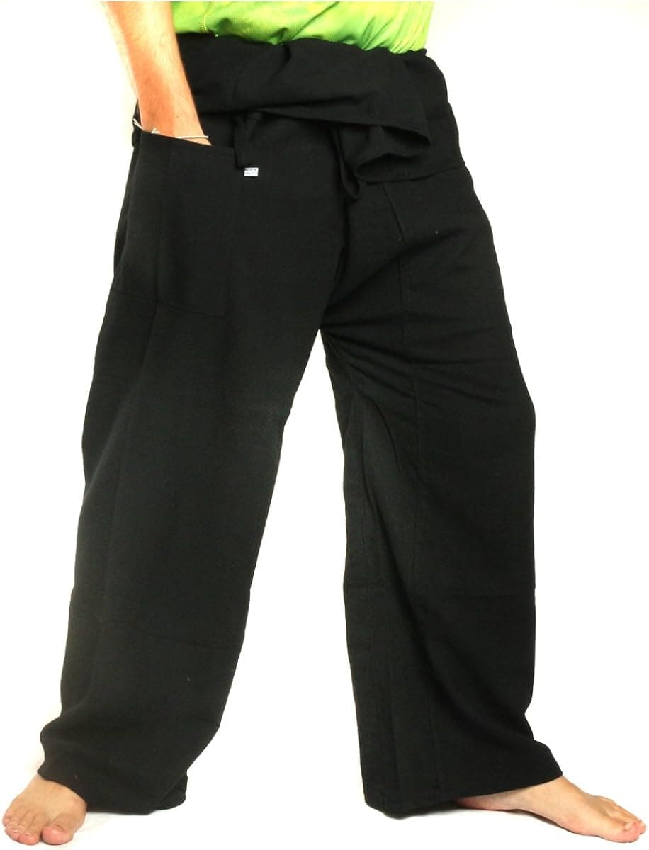 jing shop Men's Thai Fisherman Pants Extra Long Cotton Solid Color with One Side Pocket