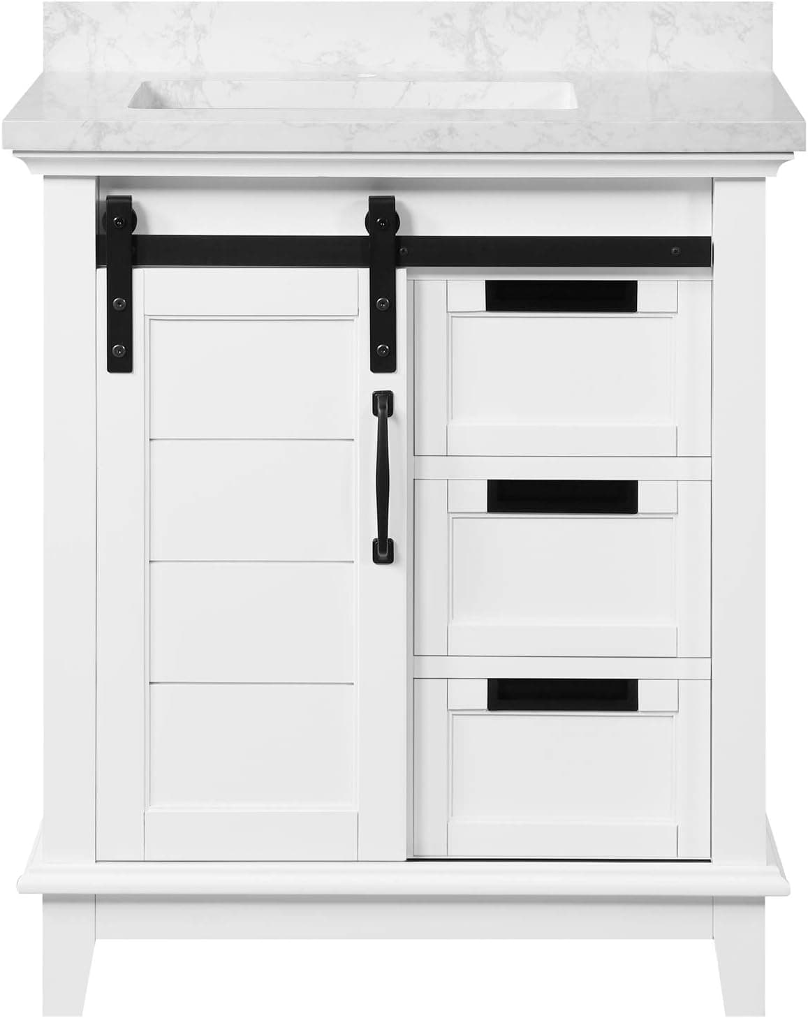 Ove Decors Bathroom Barn Door Vanity with Cloudy Cultured Marble Countertop, 30 in, White