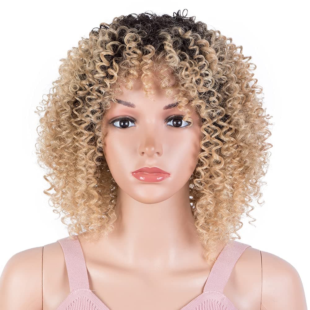 Joedir Short Curly Bob Wig with Bangs for Black Women Full Machine Made 150% Density Heat Resistant Wigs(Ombre Black to Blonde Color)