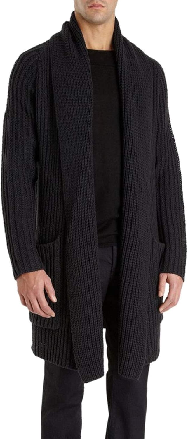 Pengfei Mens Cardigan Sweaters Open Front Chunky Knit Shawl Collar Long Sleeve Jacket Coat Black