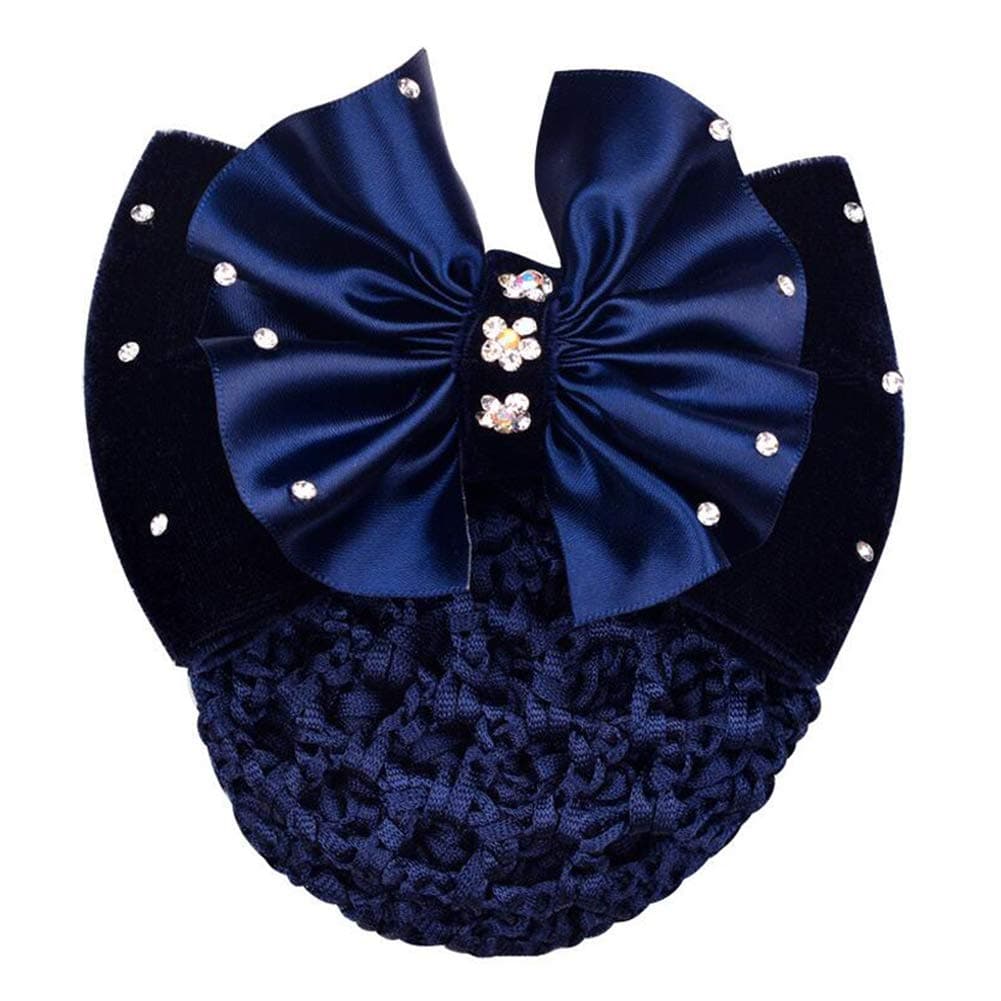 1PCS Blue Rhinestone Satin Women Snood Net Bow Barrette Hair Clip Big Bowknot Snood Bun Cover Hairnet Bowknot Accessories Hair Decor for Stewardess/Banks/Hotels/Nurse/Property/Restaurant Staff