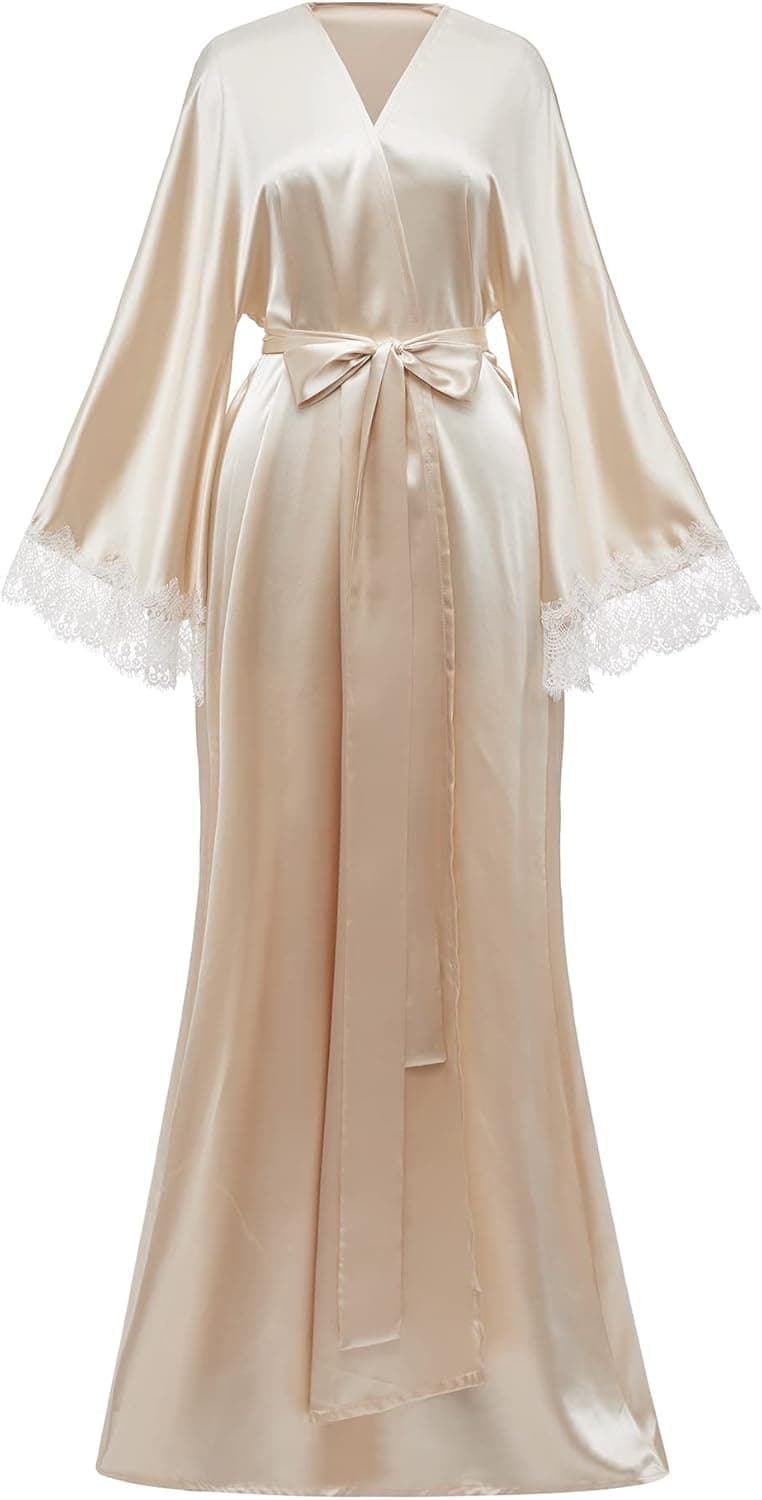 Yexinbridal Womens Silk Satin Robe Lace Long Kimono Bathrobe Nightgown Floor Length Bridal Wedding Party