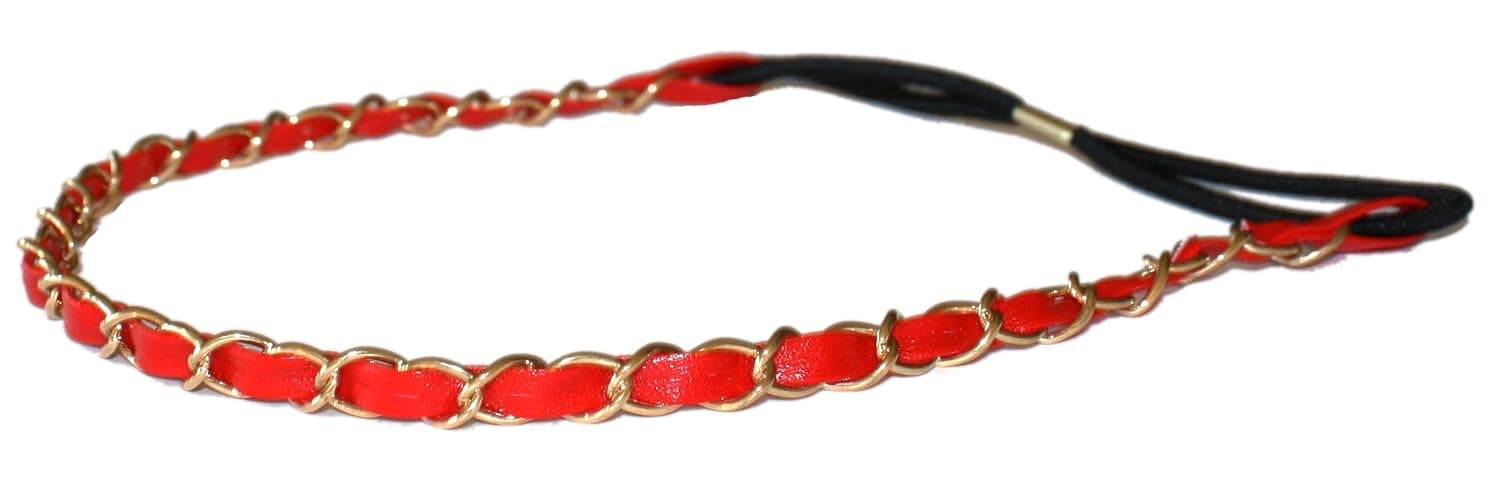 LibbySue-Leather with Gold Lattice Elastic Headband in Red