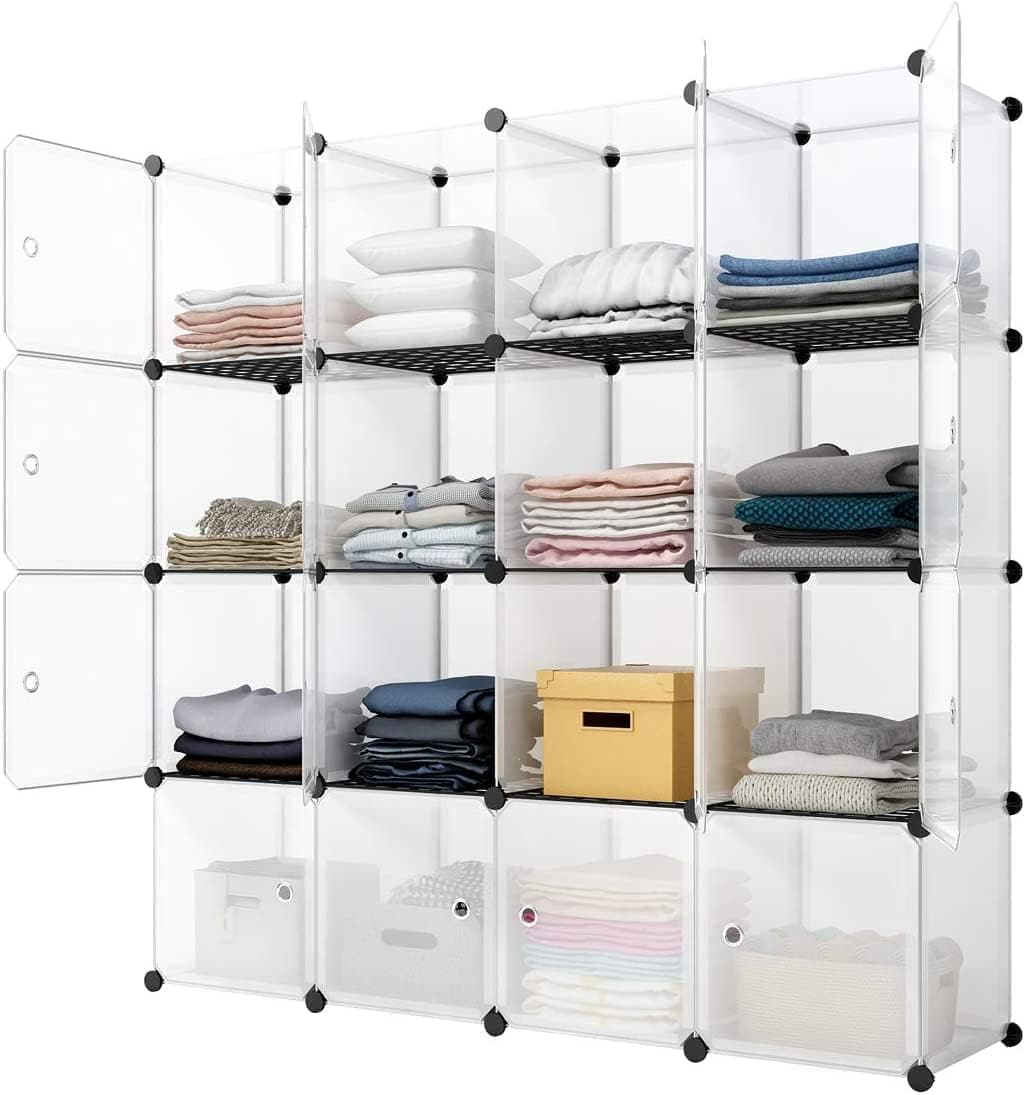 MAGINELS Portable Storage Cubes-14 x14 Cube (16 Cubes)-More Stable (add Metal Panel) Cube Shelves with Doors, Modular Bookshelf Units,Clothes Storage Shelves,Room Organizer for Cubby Cube