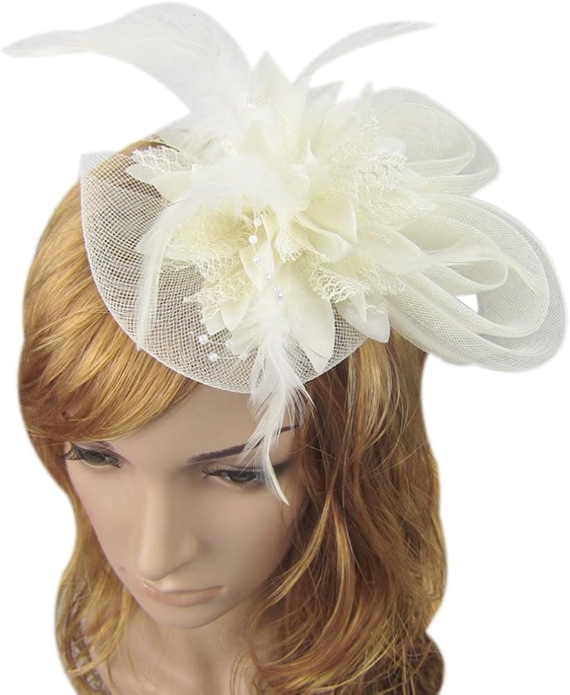 Zking Women Fascinator Hair Pillbox Rose Veil Cocktail Party Wedding Hat (A-beige)