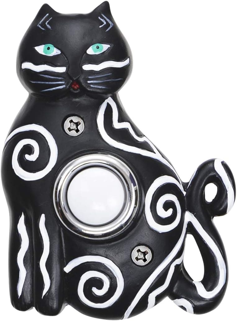 Waterwood Hand Painted Black Cat Doorbell in Black Durable Polyresin - Lighted Push Button/Easy to Install - 2.5" W x 3.25" H x 1" D